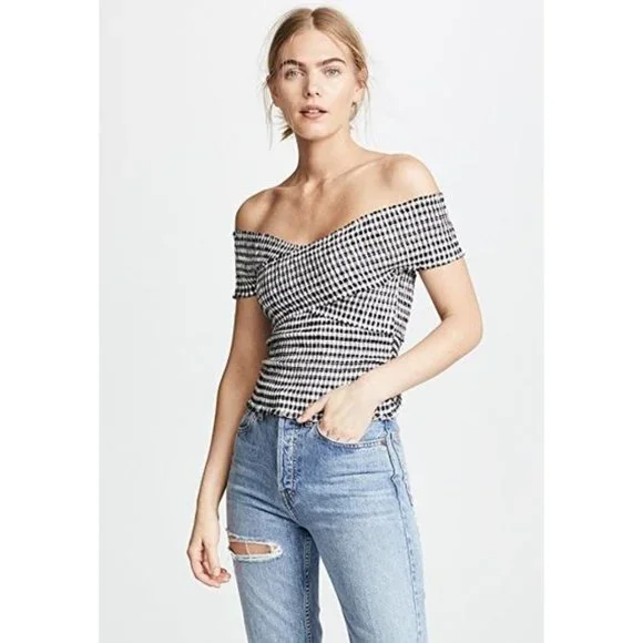 Cupcakes Cashmere Bowman Top Off-The-Shoulder Smocked Gingham Wrap Bardot Blouse - Picture 5 of 9